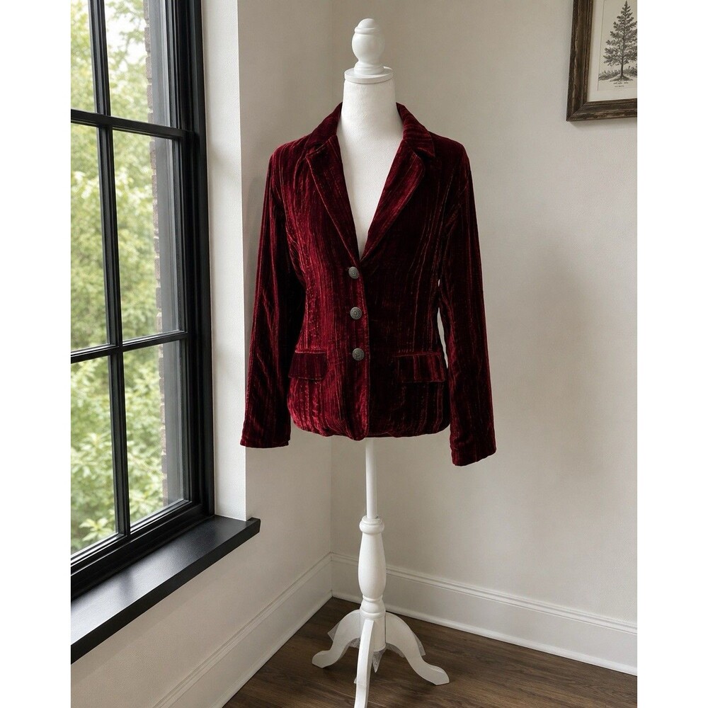 Chico's Women's Sz 1 Ruby Red Crushed Velvet Blazer Jacket Boho Retro Y2K - Picture 2 of 4